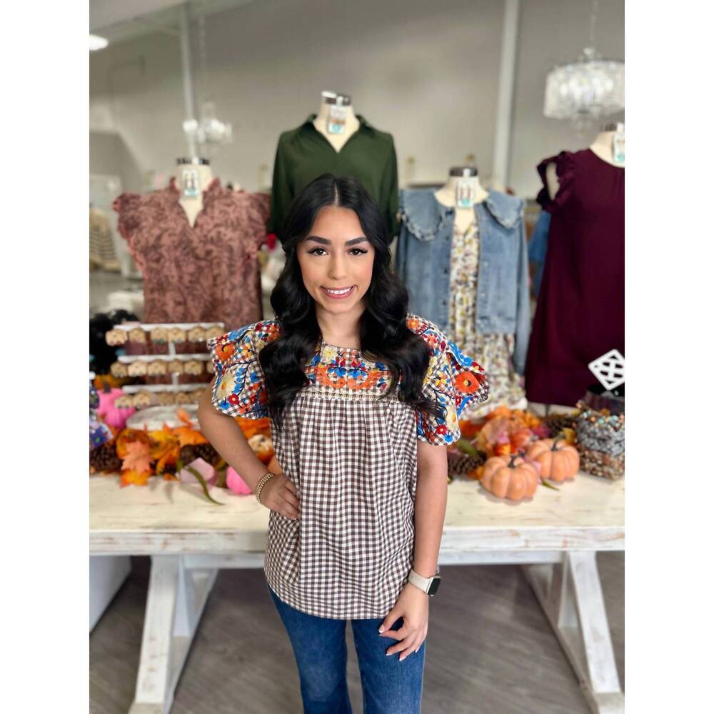 NEW LAYERZ CLOTHING tatum gingham top in brown